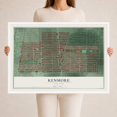Kenmore, New York map print, 24" x 36" W/ White Ayous Wood Frame mockup