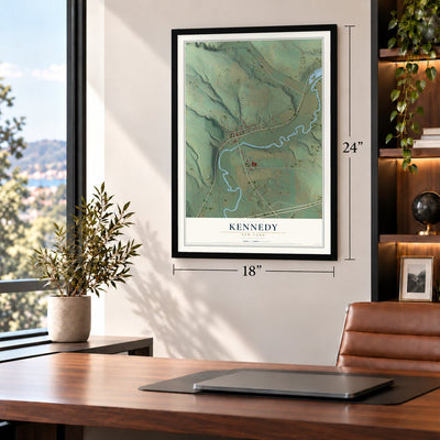 Kennedy, New York map, 18 x 24 inch print in a black frame in a home office