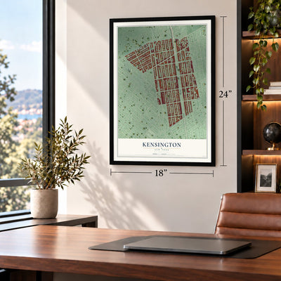 Kensington, Brooklyn, New York map, 18 x 24 inch print in a black frame in a home office