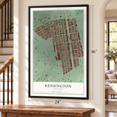 Kensington, Brooklyn, New York map, 24 x 36 inch print in a black frame by a staircase