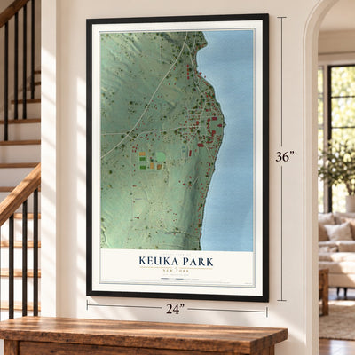 Keuka Park, New York map, 24 x 36 inch print in a black frame by a staircase