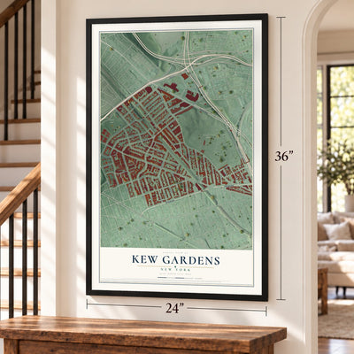 Kew Gardens, New York map, 24 x 36 inch print in a black frame by a staircase