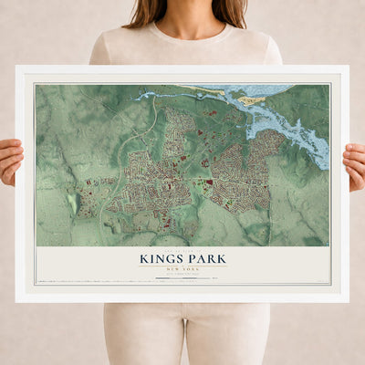 Kings Park, New York map print, 18" x 24" W/ White Ayous Wood Frame mockup