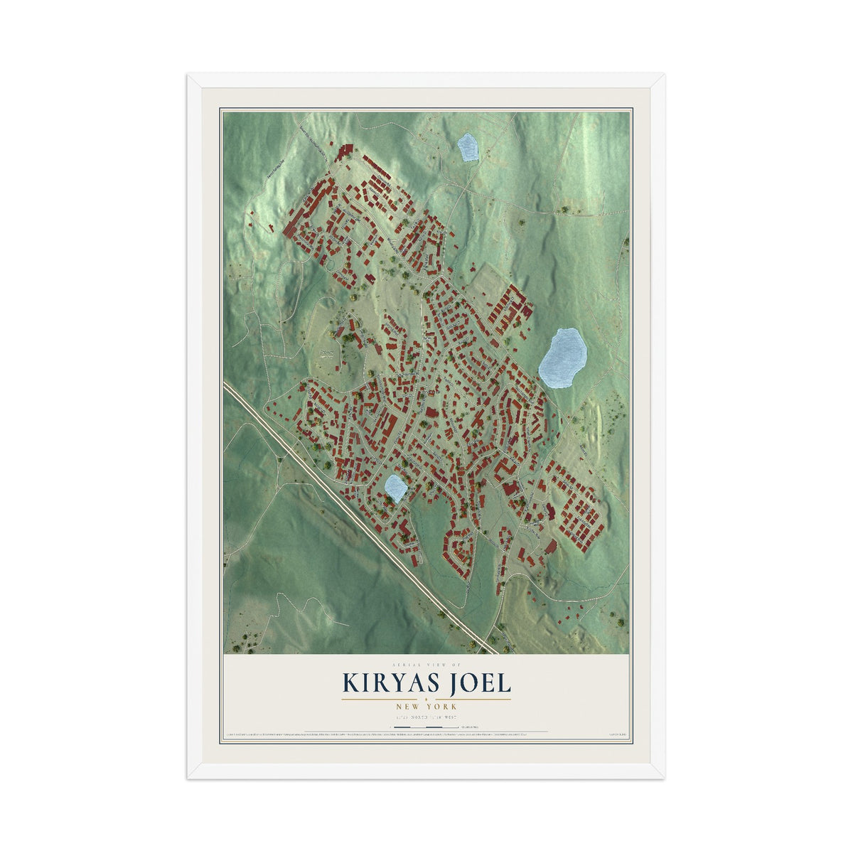 Kiryas Joel, New York map print, 12" x 18" W/ White Ayous Wood Frame mockup