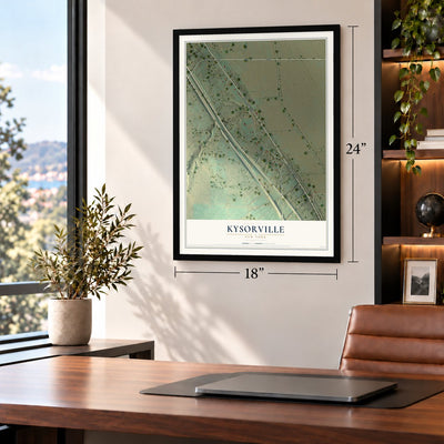 Kysorville, New York map, 18 x 24 inch print in a black frame in a home office