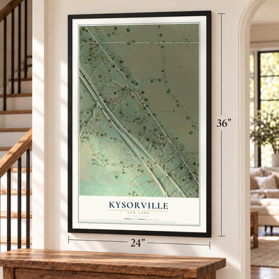 Kysorville, New York map, 24 x 36 inch print in a black frame by a staircase