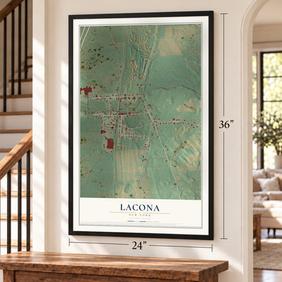 Lacona, New York map, 24 x 36 inch print in a black frame by a staircase