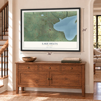 Lake Delta, New York map, 24 x 36 inch print in a black frame above a dresser by a staircase