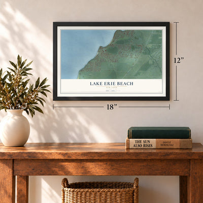 Lake Erie Beach, New York map, 12 x 18 inch print in a black frame in an entryway