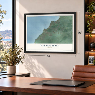 Lake Erie Beach, New York map, 18 x 24 inch print in a black frame in a home office