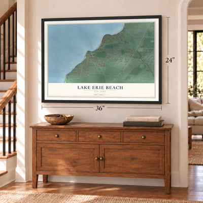 Lake Erie Beach, New York map, 24 x 36 inch print in a black frame above a dresser by a staircase