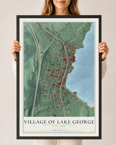 Lake George, New York map print, 24" x 36" W/ Black Ayous Wood Frame mockup