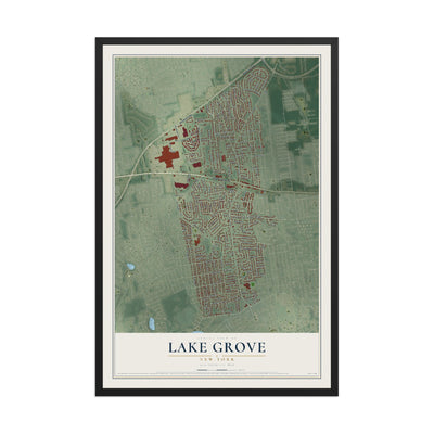 Lake Grove, New York map print, 12" x 18" W/ Black Ayous Wood Frame mockup