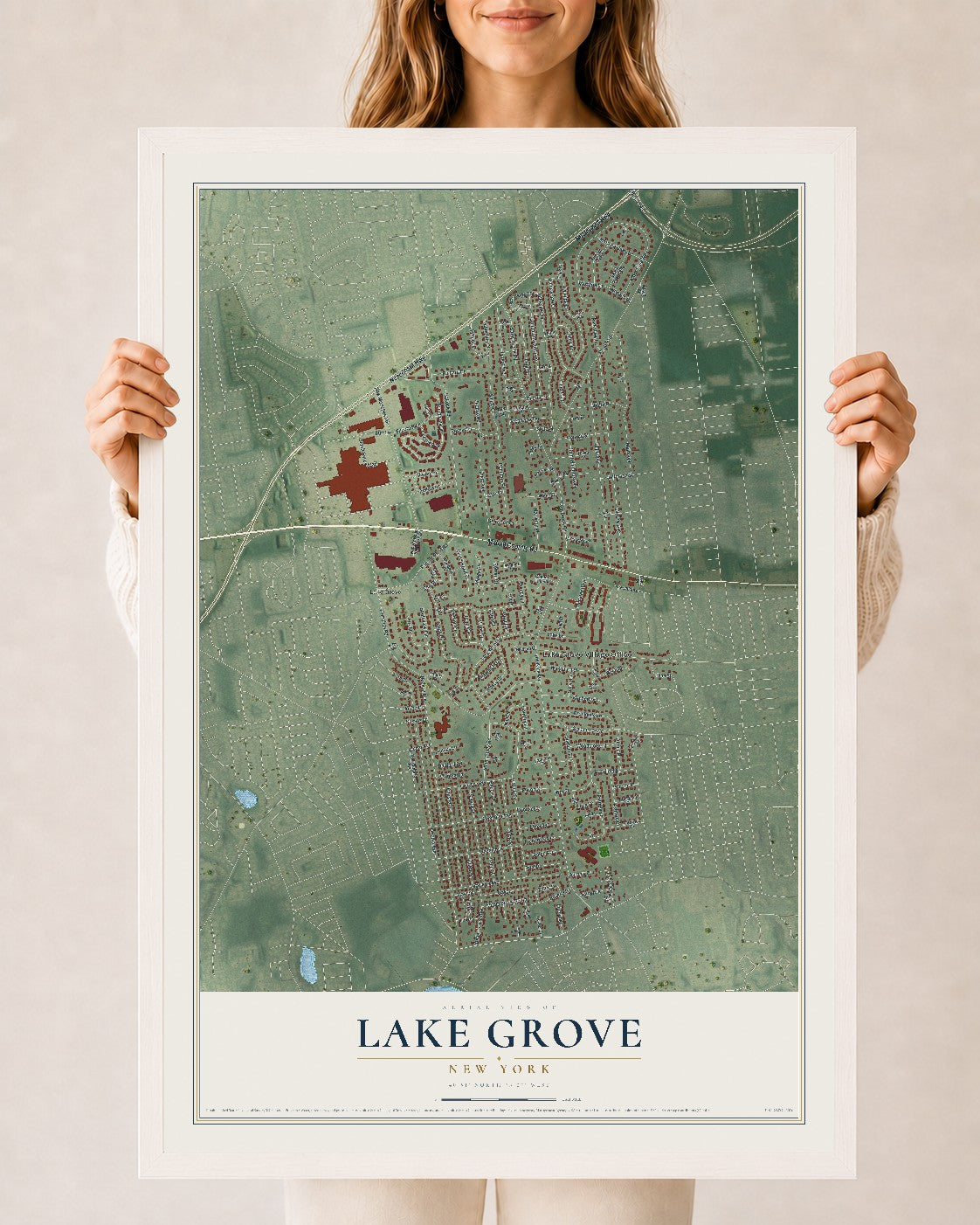 Lake Grove, New York map print, 24" x 36" W/ White Ayous Wood Frame mockup