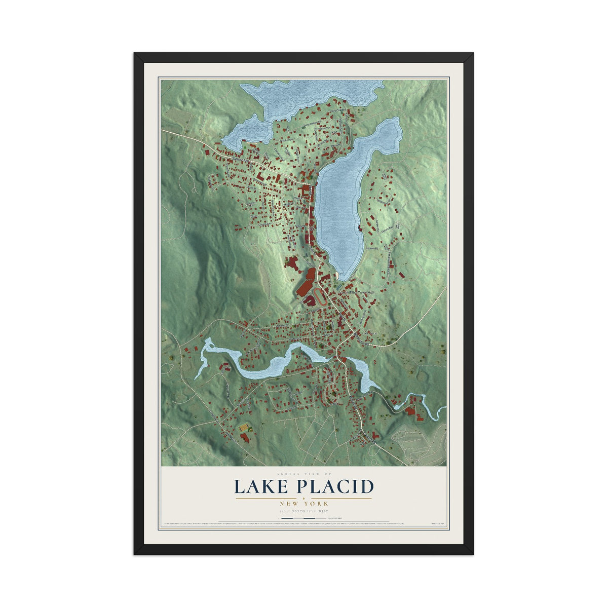 Lake Placid, New York map print, 12" x 18" W/ Black Ayous Wood Frame mockup