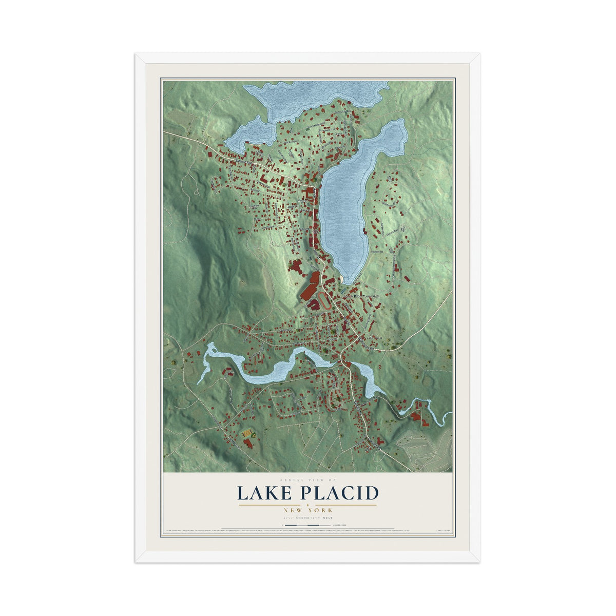 Lake Placid, New York map print, 12" x 18" W/ White Ayous Wood Frame mockup