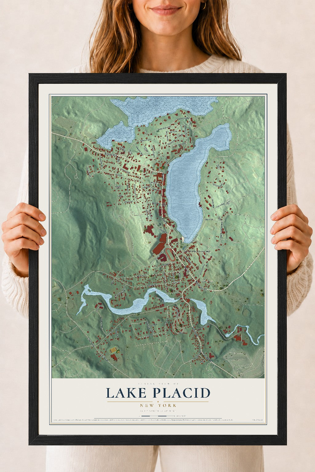 Lake Placid, New York map print, 18" x 24" W/ Black Ayous Wood Frame mockup