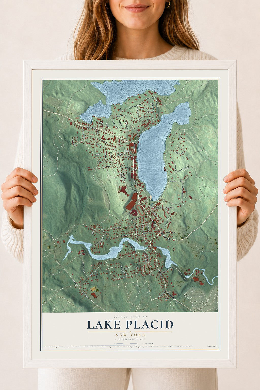 Lake Placid, New York map print, 18" x 24" W/ White Ayous Wood Frame mockup