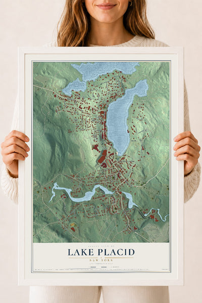Lake Placid, New York map print, 18" x 24" W/ White Ayous Wood Frame mockup