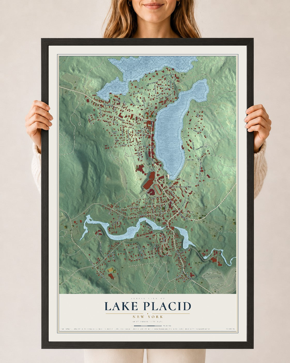 Lake Placid, New York map print, 24" x 36" W/ Black Ayous Wood Frame mockup
