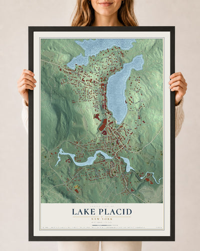 Lake Placid, New York map print, 24" x 36" W/ Black Ayous Wood Frame mockup