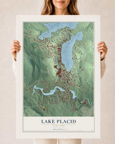 Lake Placid, New York map print, 24" x 36" W/ White Ayous Wood Frame mockup