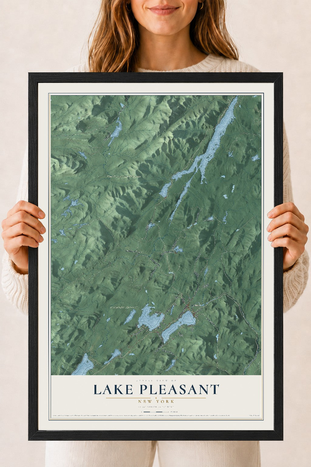 Lake Pleasant, New York map print, 18" x 24" W/ Black Ayous Wood Frame mockup