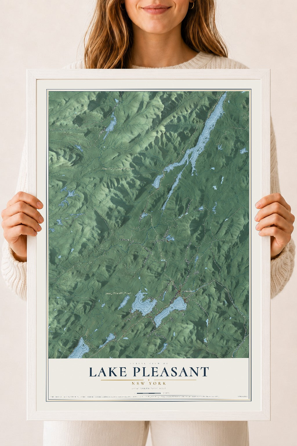 Lake Pleasant, New York map print, 18" x 24" W/ White Ayous Wood Frame mockup