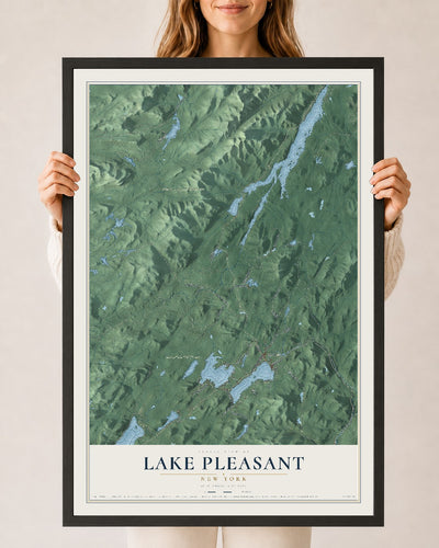 Lake Pleasant, New York map print, 24" x 36" W/ Black Ayous Wood Frame mockup
