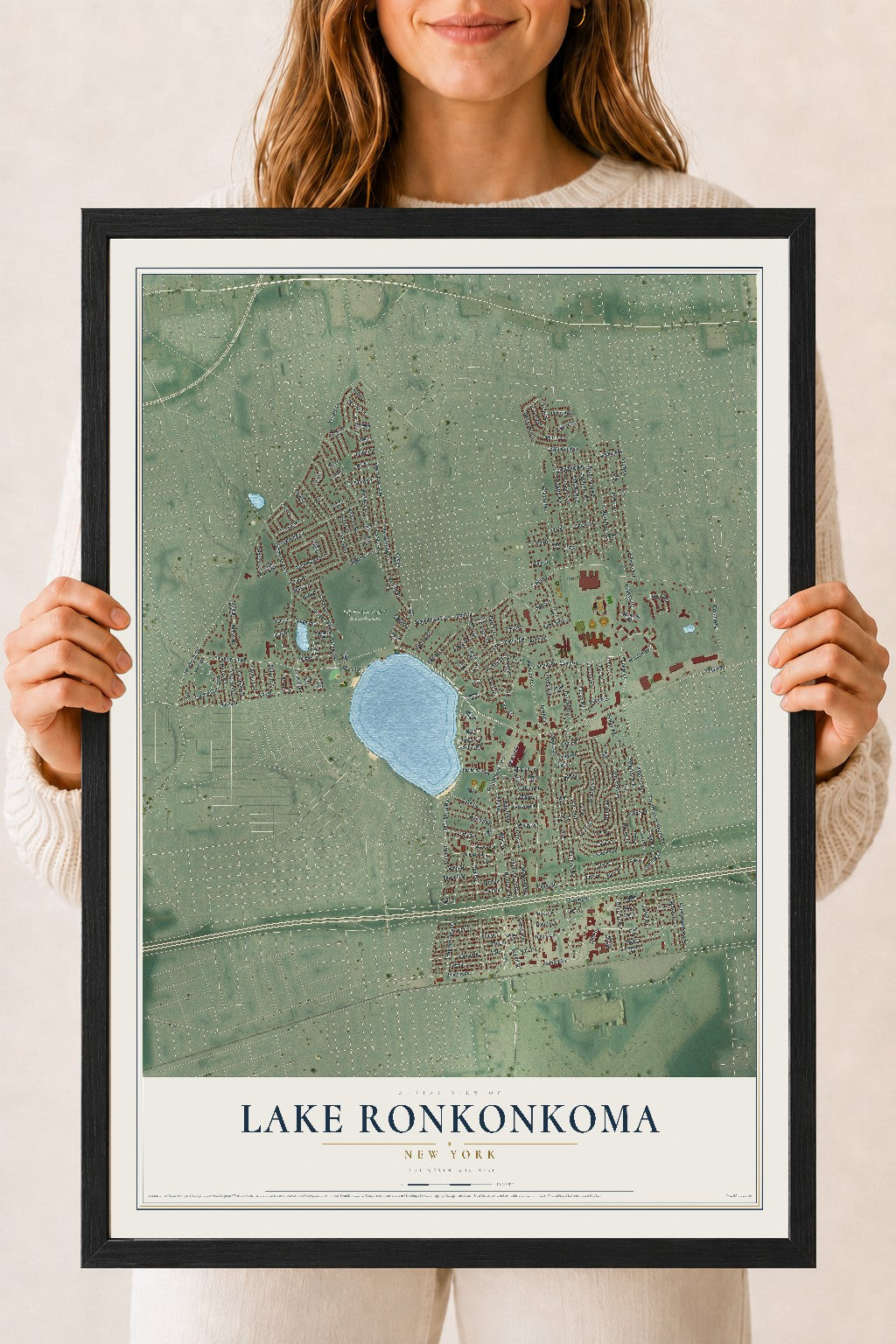 Lake Ronkonkoma, New York map print, 18" x 24" W/ Black Ayous Wood Frame mockup
