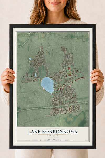 Lake Ronkonkoma, New York map print, 18" x 24" W/ Black Ayous Wood Frame mockup