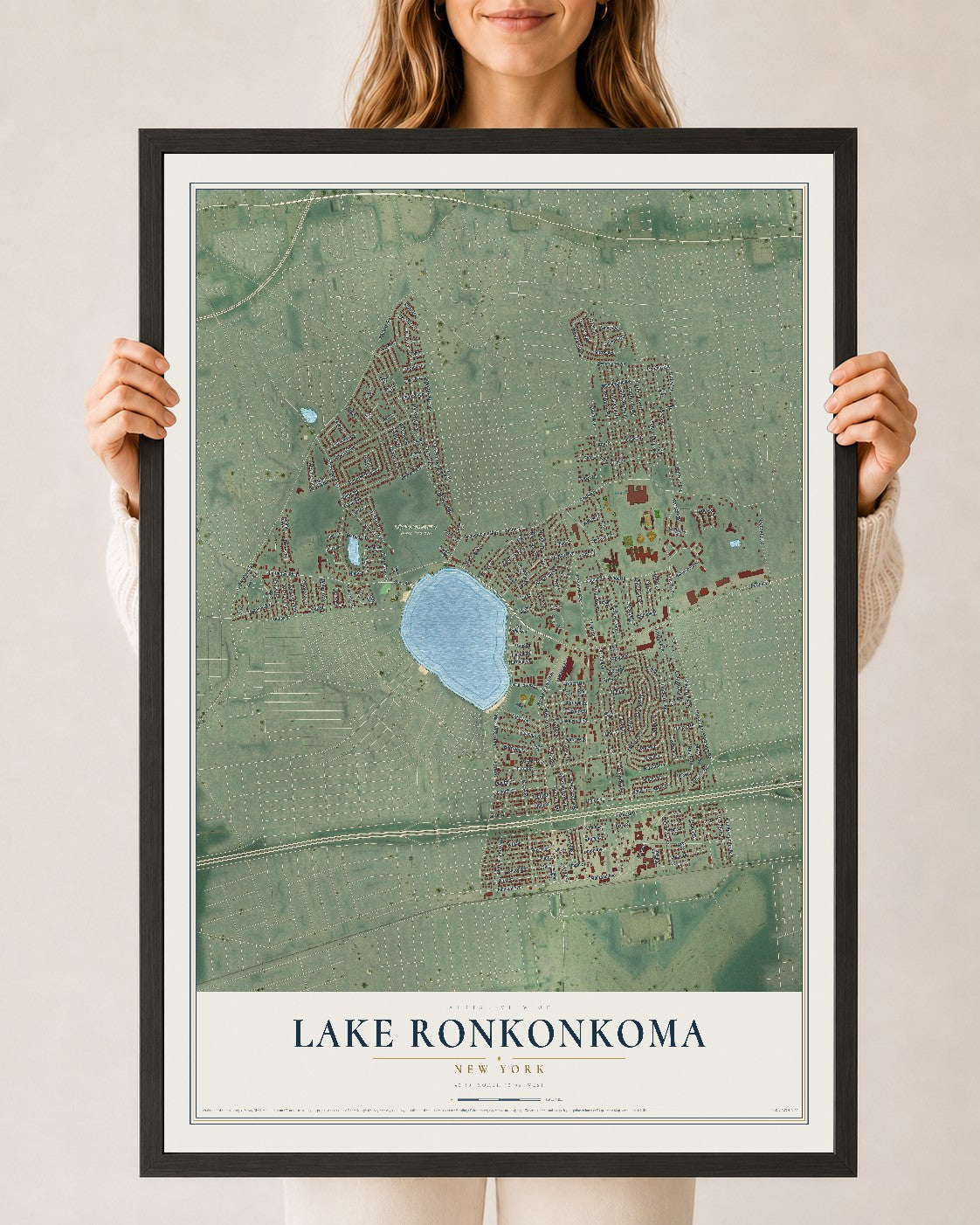 Lake Ronkonkoma, New York map print, 24" x 36" W/ Black Ayous Wood Frame mockup