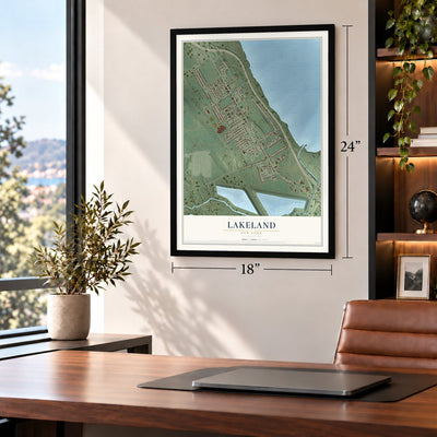 Lakeland, New York map, 18 x 24 inch print in a black frame in a home office