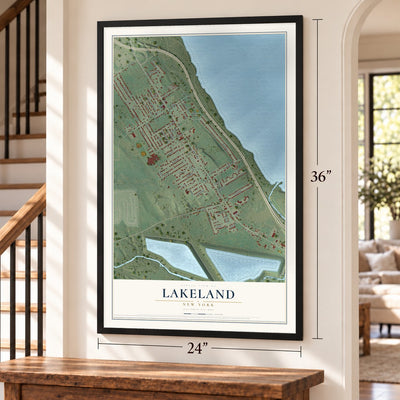 Lakeland, New York map, 24 x 36 inch print in a black frame by a staircase