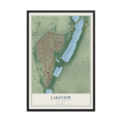 Lakeview, New York map print, 12" x 18" W/ Black Ayous Wood Frame mockup