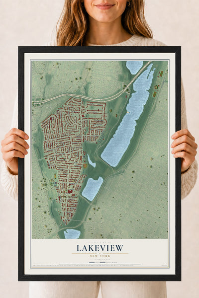Lakeview, New York map print, 18" x 24" W/ Black Ayous Wood Frame mockup