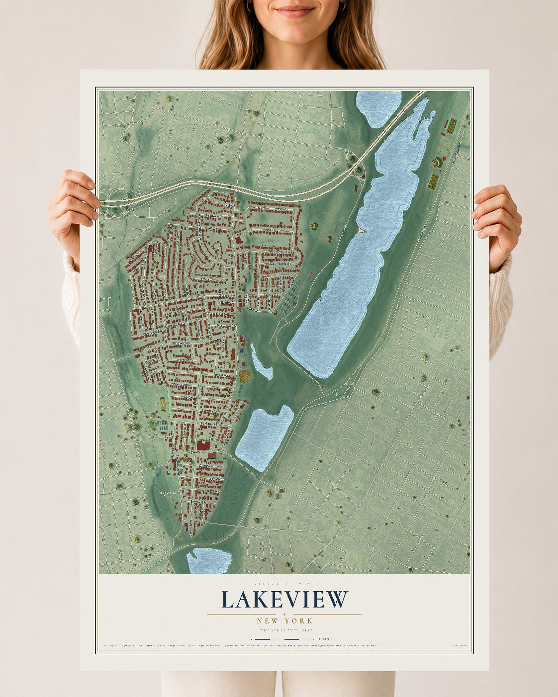 Lakeview, New York map print, 24" x 36" Archival Matte Print mockup