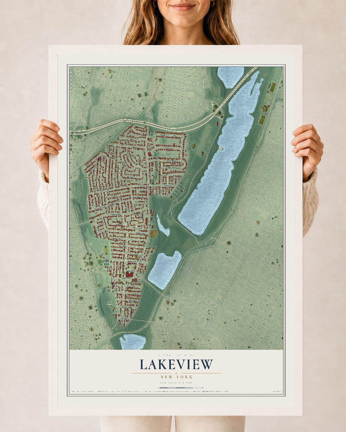 Lakeview, New York map print, 24" x 36" W/ White Ayous Wood Frame mockup