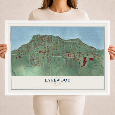 Lakewood, New York map print, 18" x 24" W/ White Ayous Wood Frame mockup