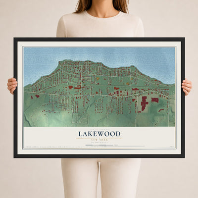 Lakewood, New York map print, 24" x 36" W/ Black Ayous Wood Frame mockup