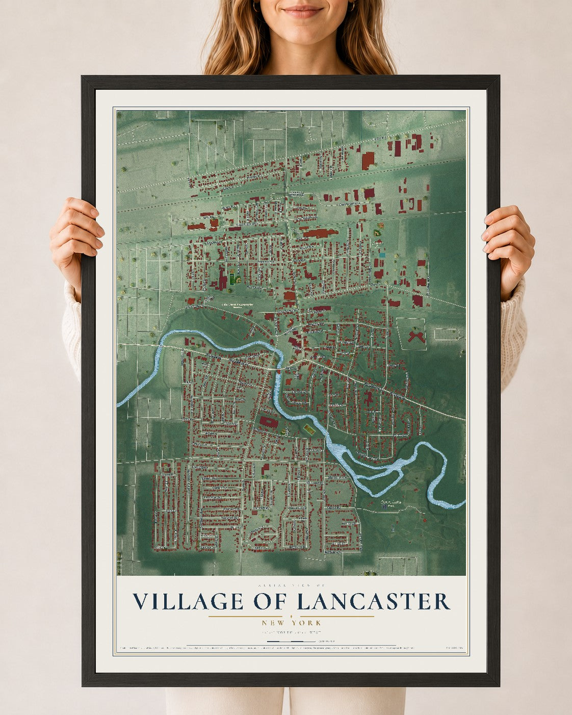 Lancaster, New York map print, 24" x 36" W/ Black Ayous Wood Frame mockup