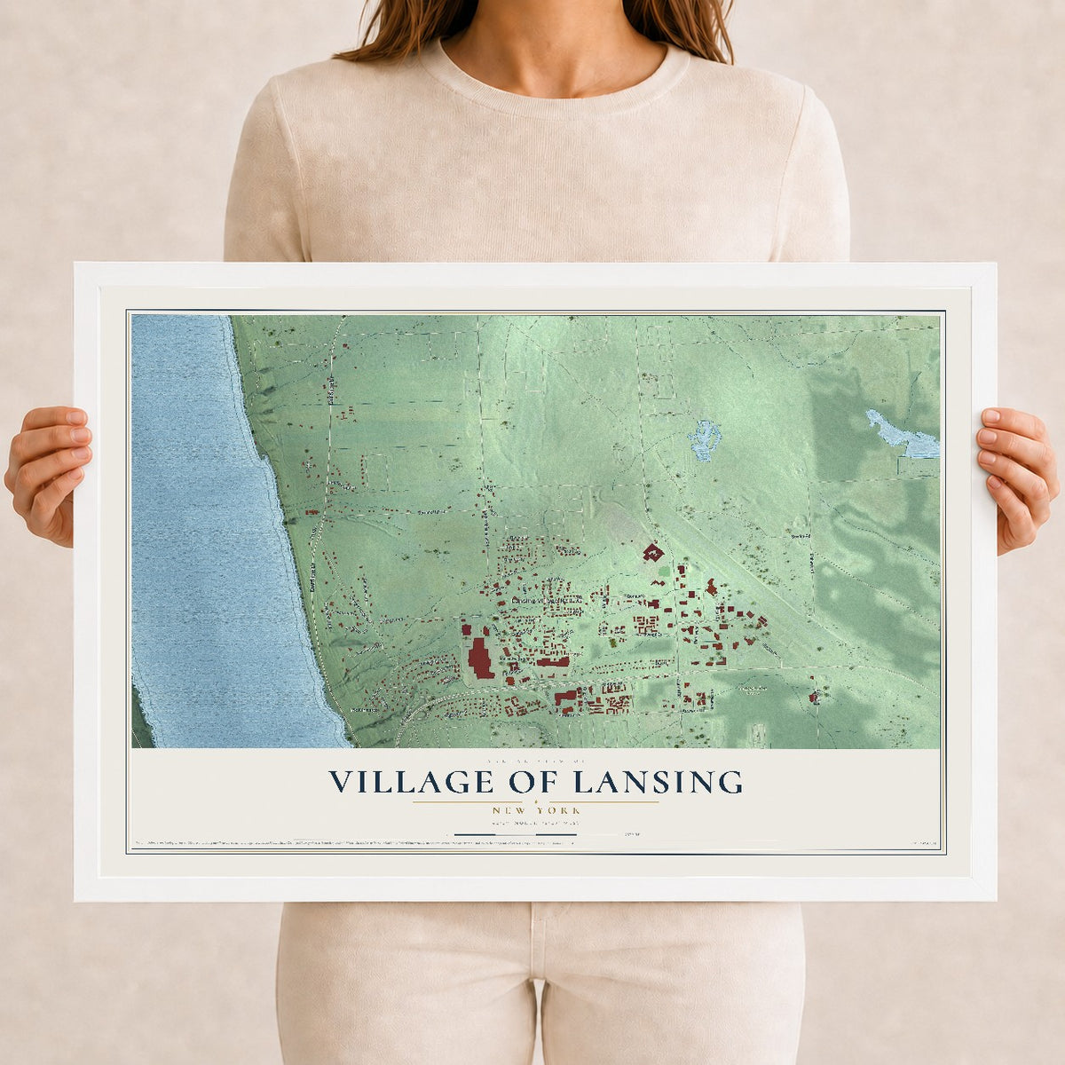 Lansing, New York map print, 12" x 18" W/ White Ayous Wood Frame mockup