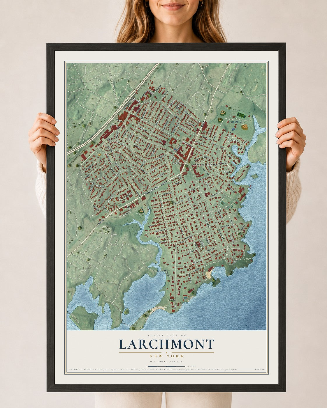 Larchmont, New York map print, 24" x 36" W/ Black Ayous Wood Frame mockup