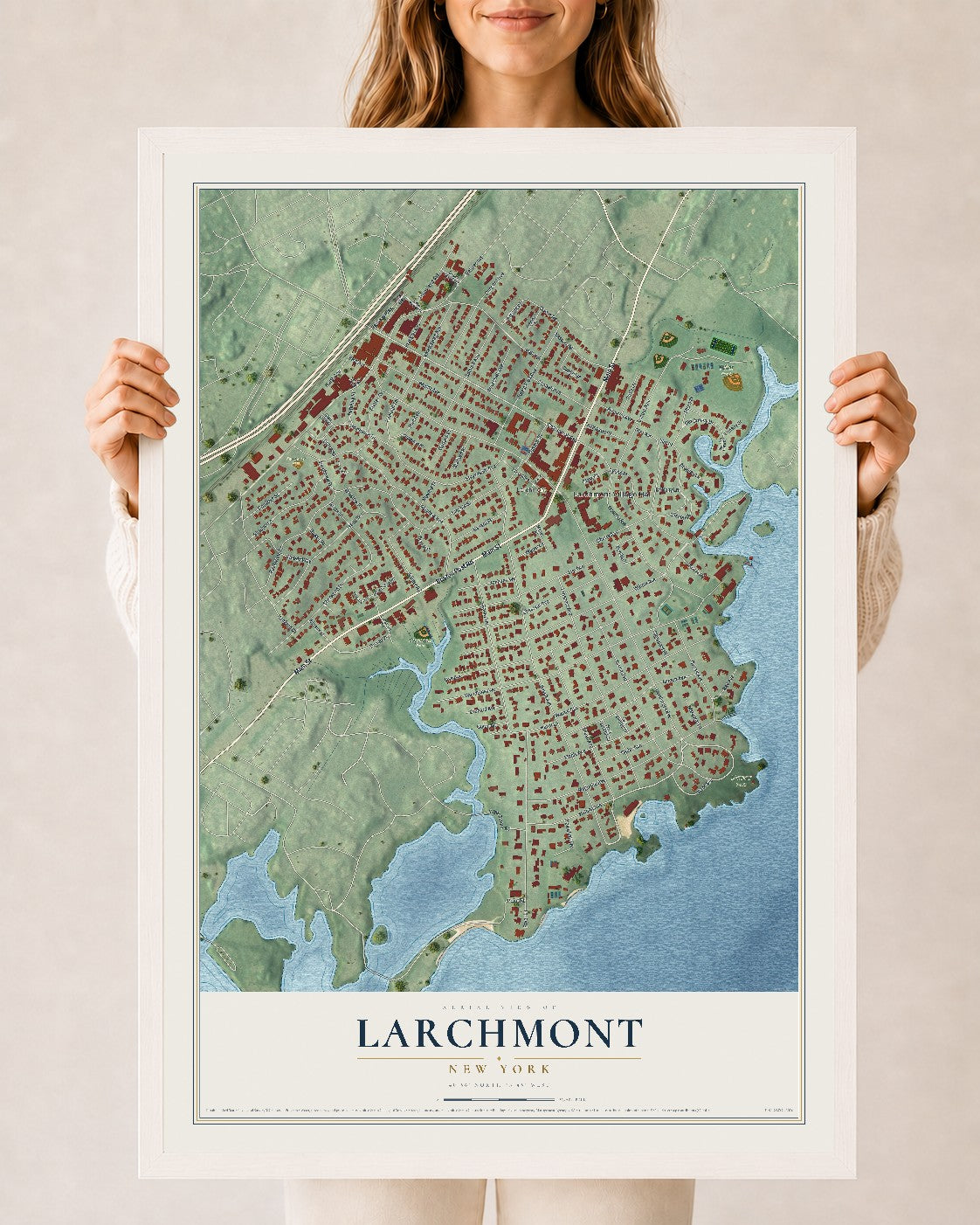 Larchmont, New York map print, 24" x 36" W/ White Ayous Wood Frame mockup