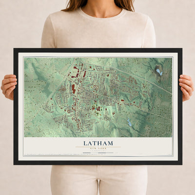 Latham, New York map print, 12" x 18" W/ Black Ayous Wood Frame mockup