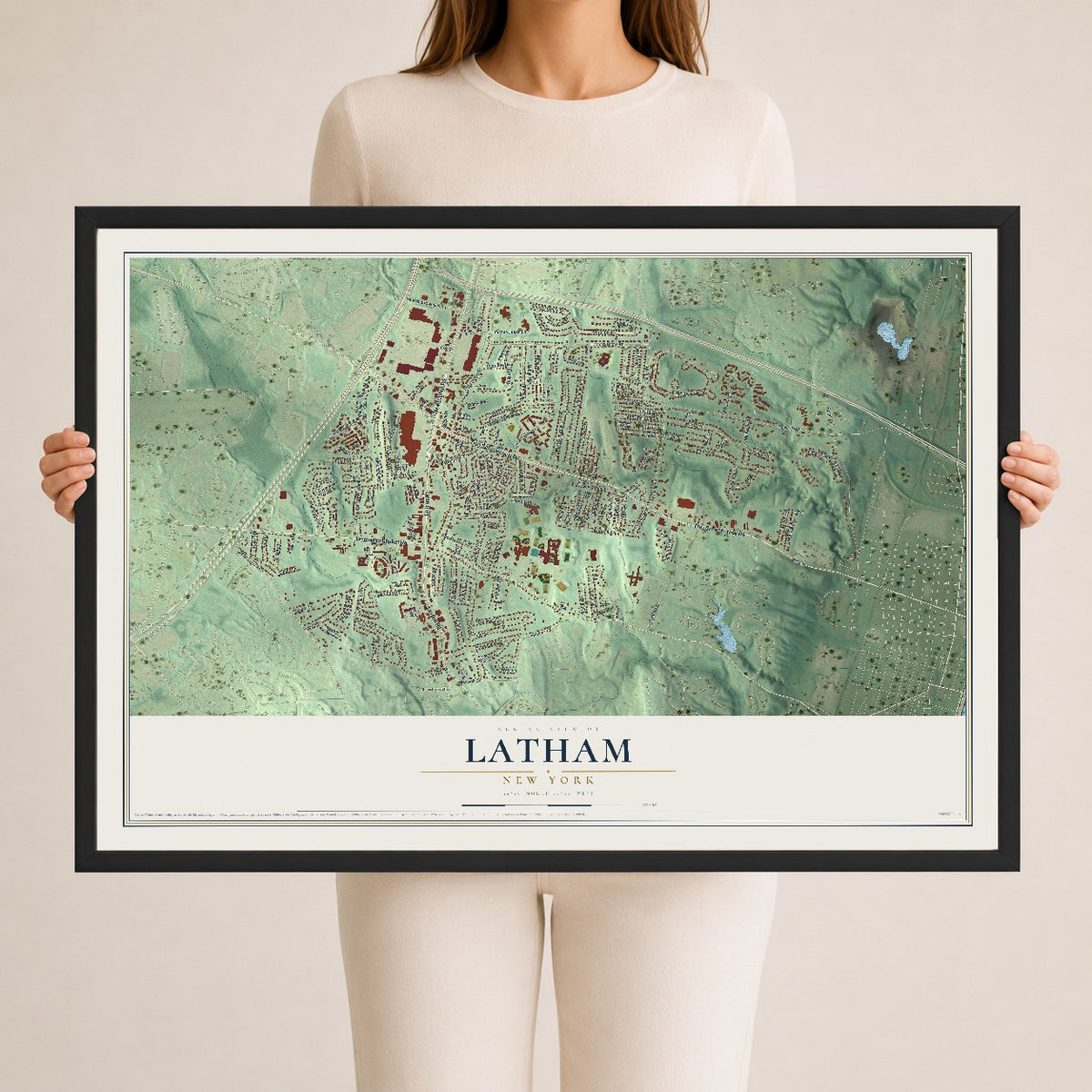 Latham, New York map print, 24" x 36" W/ Black Ayous Wood Frame mockup