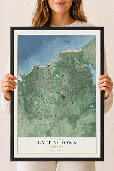 Lattingtown, New York map print, 18" x 24" W/ Black Ayous Wood Frame mockup