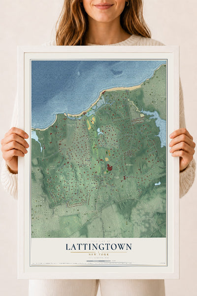 Lattingtown, New York map print, 18" x 24" W/ White Ayous Wood Frame mockup