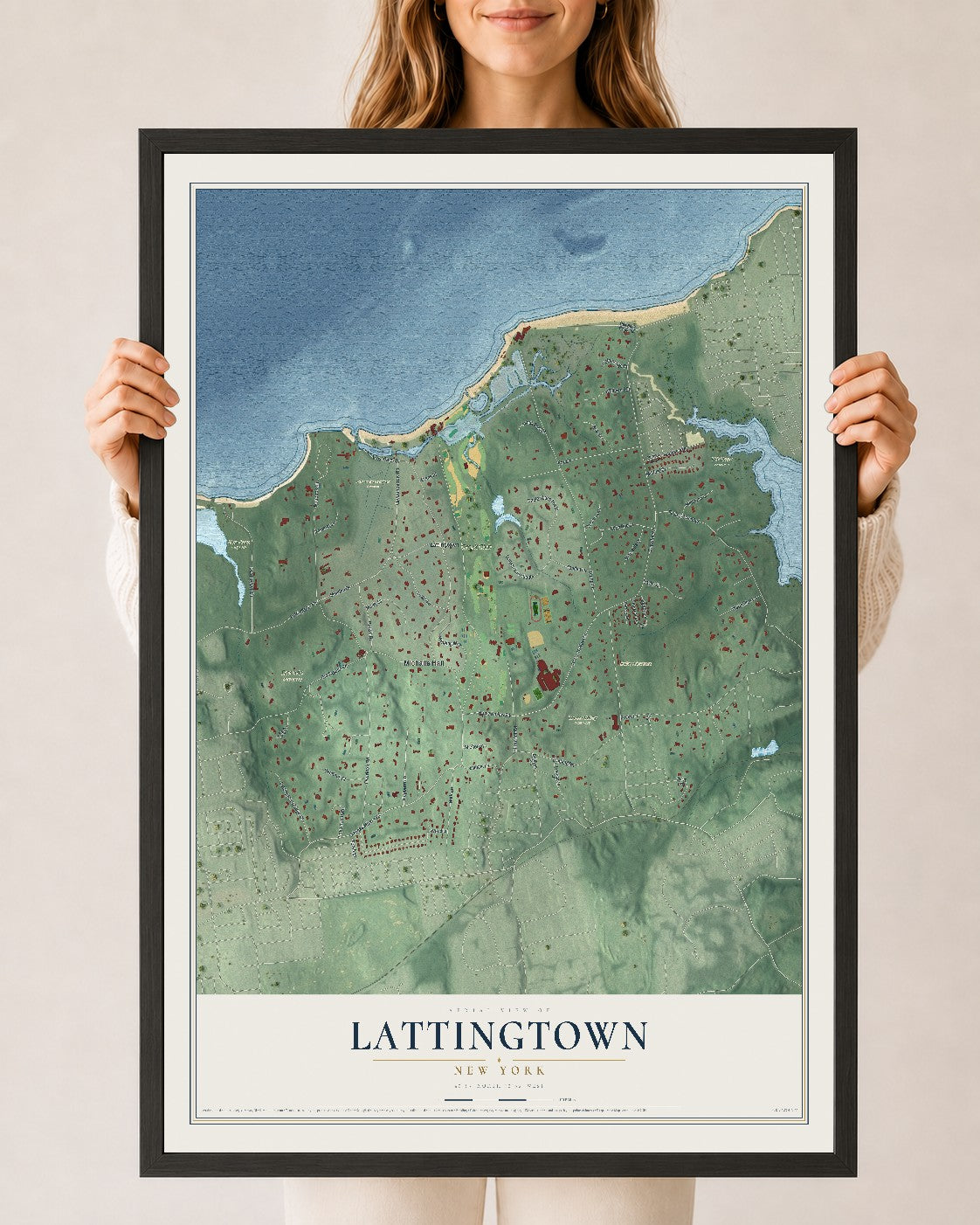 Lattingtown, New York map print, 24" x 36" W/ Black Ayous Wood Frame mockup