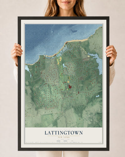 Lattingtown, New York map print, 24" x 36" W/ Black Ayous Wood Frame mockup